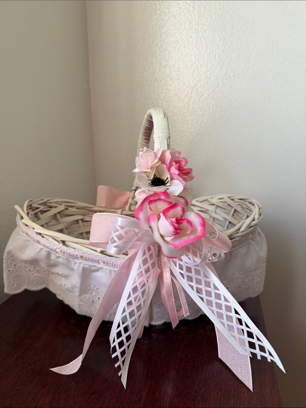 Pink Floral Ribbon Wicker Basket